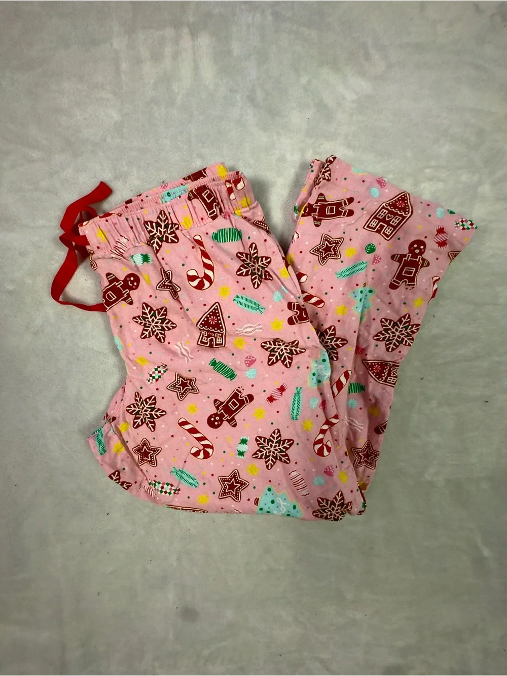 Old Navy Pink Holiday Gingerbread Print Pajama Pants with Red Drawstring